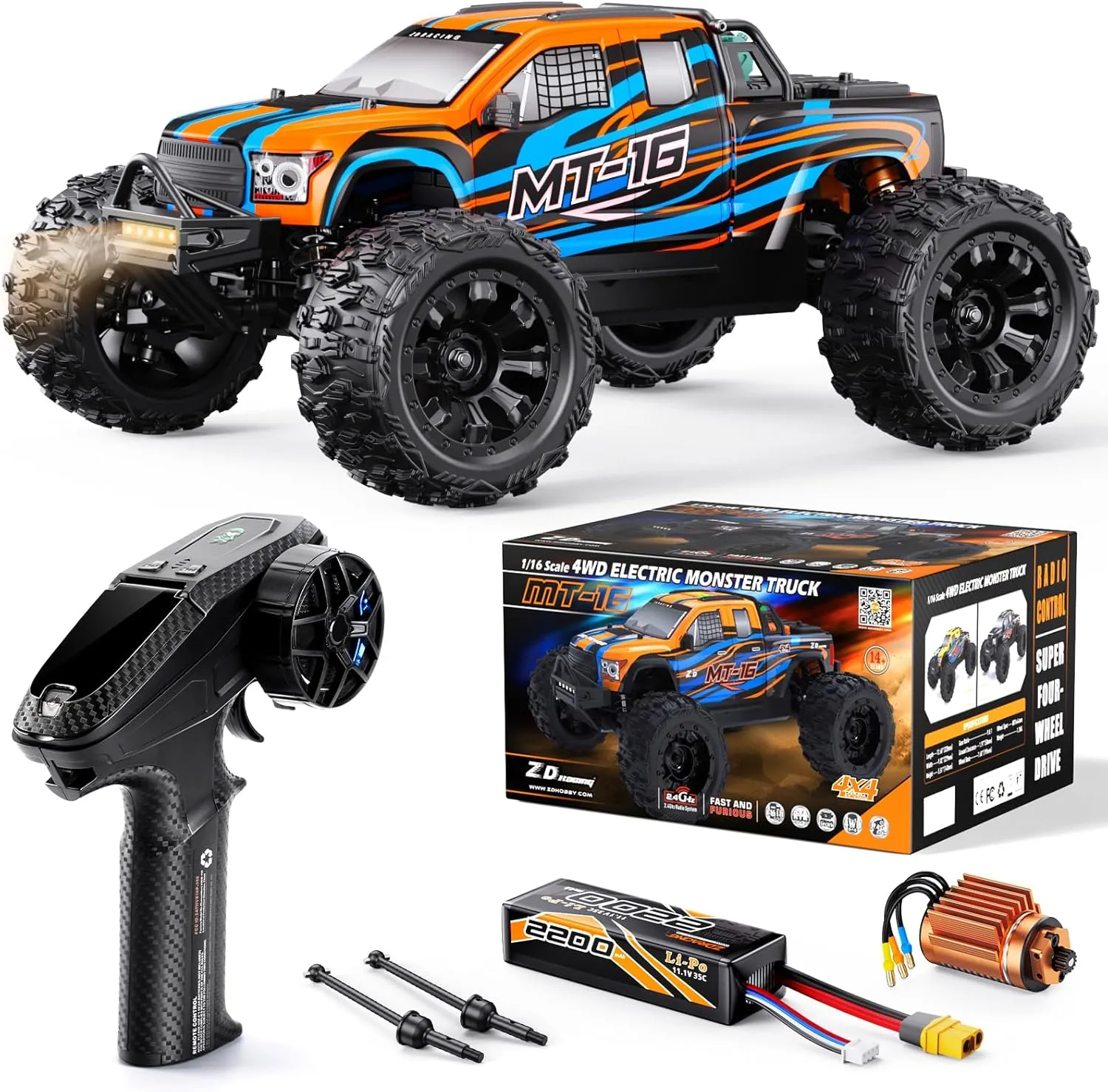 ZD Racing MT-16 1/16 50MPH Brushless 4WD RC Truck,Upgradeable All-Terrain Remote Control Cars with 3S Battery,Waterproof Fast Off-Road RC Truggy for Adults,Suitable as Gift for Snow/Sand Adventures