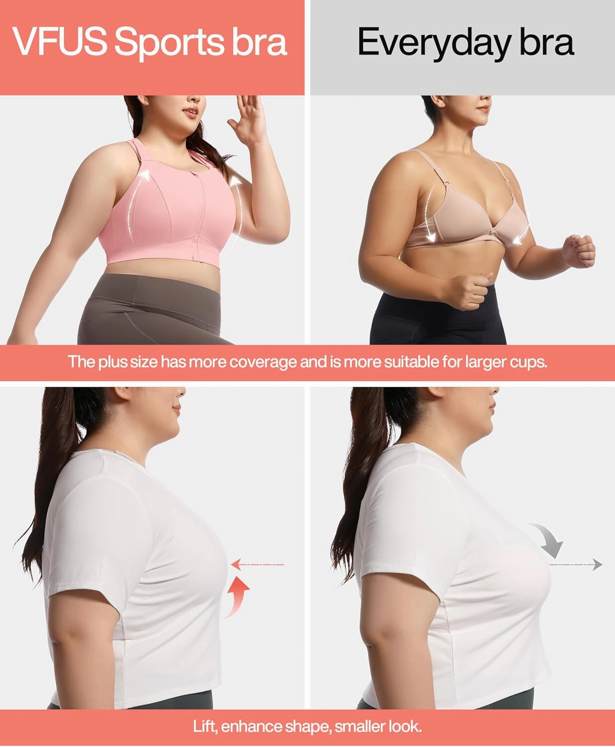 Zip Front Adjustable High Impact Sports Bras for Women Large Breasts Full Coverage Workout Running Removable Pads