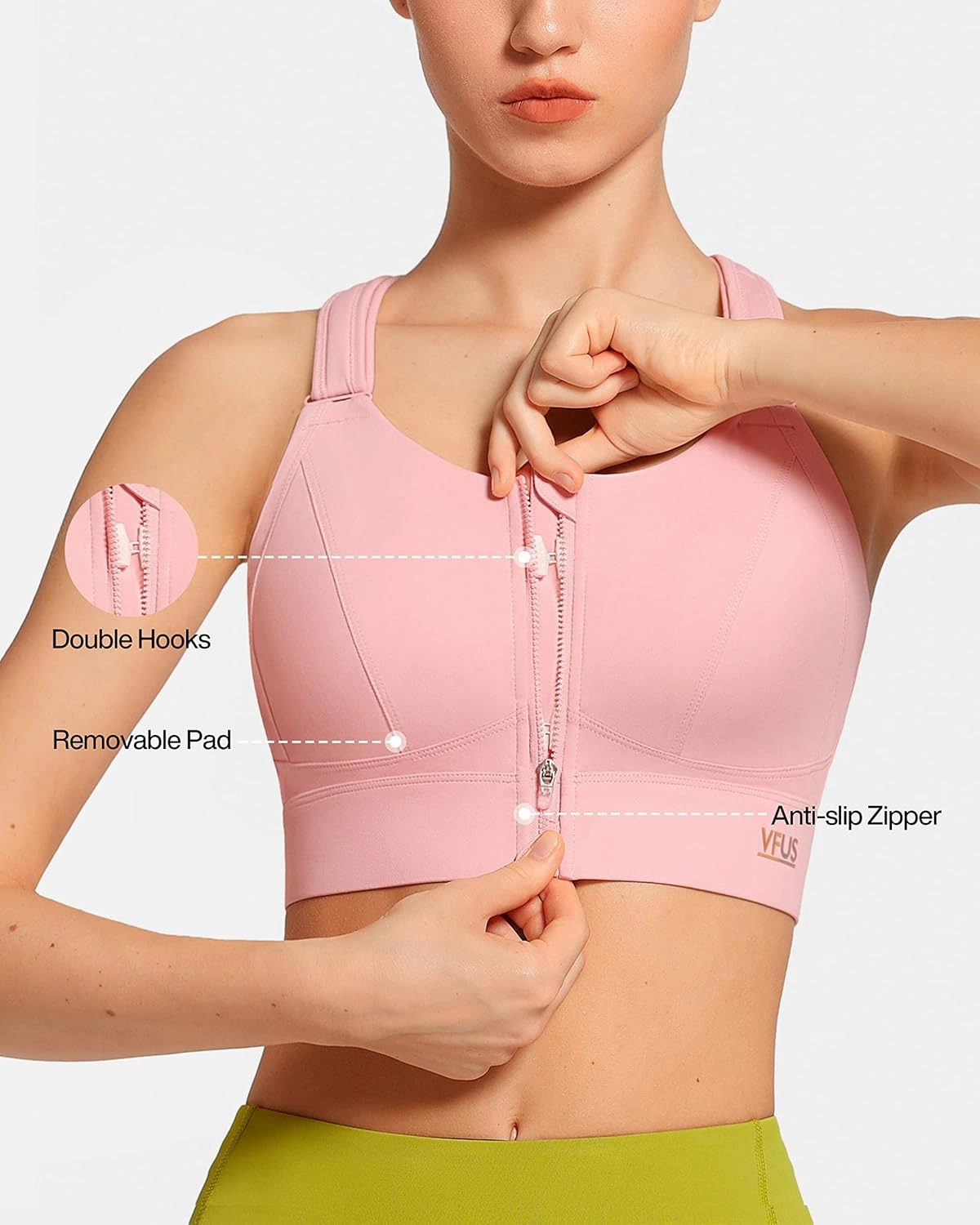 Zip Front Adjustable High Impact Sports Bras for Women Large Breasts Full Coverage Workout Running Removable Pads