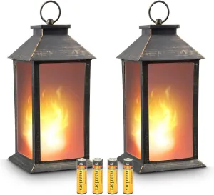 zkee 13" Vintage Style Decorative Tabletop Lantern, Flickering Flame LED, Black, 4-Hour Timer (Batteries Included), Indoor/Outdoor, Set of 2