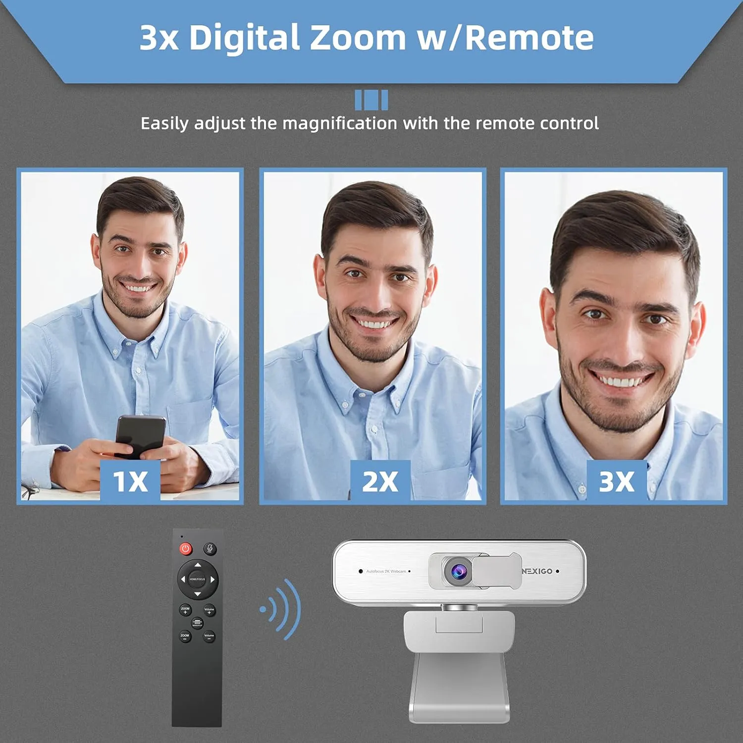 Zoom Certified, NexiGo N940P 2K Zoomable Webcam with Remote and Software Controls | Sony Starvis Sensor | 1080P@ 60FPS | 3X Zoom in | Dual Stereo Microphone, for Zoom/Skype/Teams/Webex (Silver)