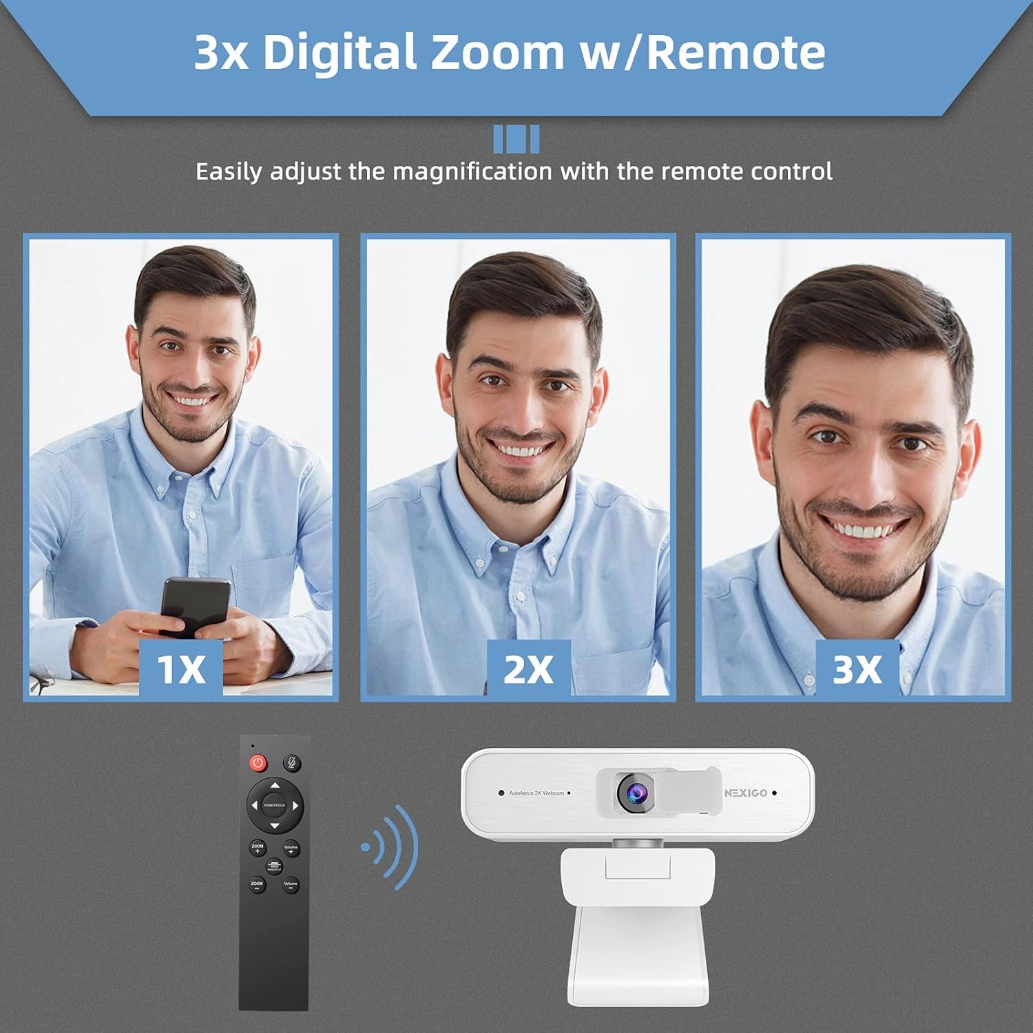 Zoom Certified, NexiGo N940P (Gen 2) 2K Zoomable Webcam with Remote| Sony_Starvis Sensor | 3X Zoom in and Out| Dual Stereo Microphone, for Zoom/Skype/Teams/Webex (White)